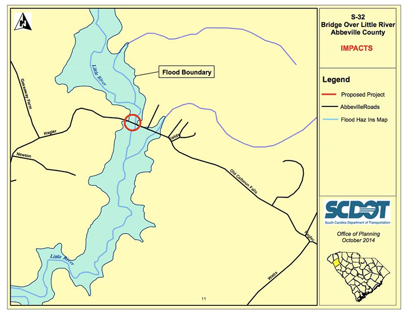 SCDOT map showing the proposed project for the bridge over the Little River in Abbeville County. The flood hazardous insurance zone is shaded.