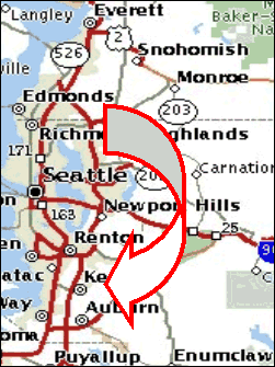 Map illustration of Washington's I-405 Corridor with a red arrow starting near Edmonds and curving down to the right and ending near Auburn.