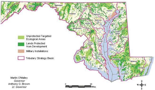 GreenPrint map displaying unprotected and protected ecological areas in Maryland. For more detailed information, see the Baltimore Regional Transportation Board case study lower in the document.
