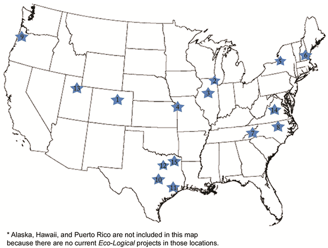 Map of the continental US, with numbered stars placed at the locations of the Eco-Logical Grant ProjectS: Denver, Colorado; Chicago, Illinois; Peoria, Illinois; Kansas City, Missouri/Kansas; Tioga County, New York; Concord, New Hampshire; Asheville, North Carolina; Raleigh, North Carolina; Portland, Oregon; Austin, Dallas, and  Houston, Texas (two stars in Dallas); Salt Lake City, Utah; and Charlottesville, Virginia. The numbers coincide with those on the list following the image.