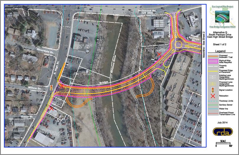 a CAMPO-developed alternative for travel along East High Street Bridge across the Rivanna River: an aerial photograph marked with a series of colored lines across the bridge indicating proposed sidewalks and trails, the right-of-way area required, and the proposed edge of pavement