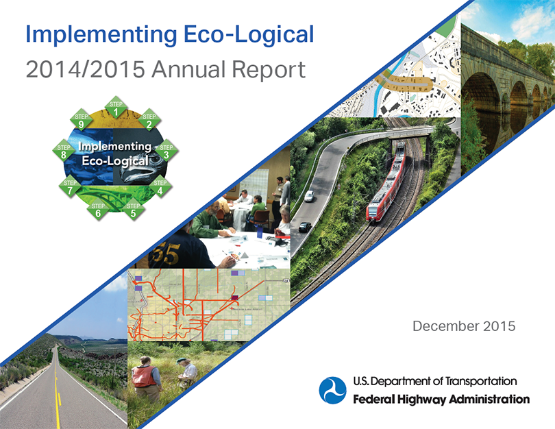 cover reproduction of the Implementing Eco-Logical 2014/2015 Annual Report | December 2015 | U.S. Department of Transportation | Federal Highway Administration which includes the Implementing Eco-Logical 9-step graphic and a collage of images: a photo of a bridge, a photo of a train passing under a highway overpass, a Charlottesville-Albemarle Metropolitan Planning Organization (CA-MPO) street map, a photo of a CA-MPO stakeholder meeting, a Pikes Peak Area Council of Governments map, a photo of field collection activity, and a photo of a long, straight highway
