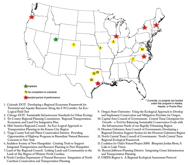map of the U.S. showing where FHWA has funded Eco-Logical grants as described in this section of the report