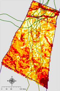 Screenshot showing the integration of the REAP tool with GISST of a map displaying various colors which correspond to various levels of ecological significance