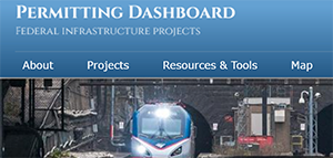 screenshot of the Federal Infrastructure Permitting Dashboard which lists four projects, coordinating agencies, sector, and status