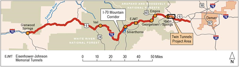 map of I-70 from Denver to Glenwood Springs, showing the locations of the Mountain Corridor and the Twin Tunnels project