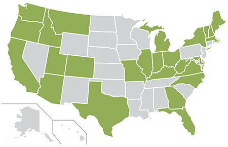 map of the U.S. with states color-coded green that contain at least one of the 35 transportation agencies that is currently using the Eco-Logical approach to guide transportation plans or projects