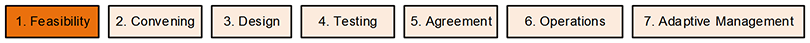 Set of boxes of the seven phases: 1. Feasibility, 2. Convening, 3. Design, 4. Testing, 5. Agreement, 6. Operations, and 7. Adaptive Management. 1. Feasibility is highlighted.