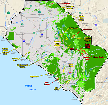 Map of Orange County with OCTA Preserve locations and funded restoration projects overlaid with other public spaces.