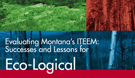 Cover image of the 'Evaluating Montana's ITEEM: Successes and Lessons for Eco-Logical' brochure, which includes three wilderness photographs, each tinted a different color (blue, green, red)