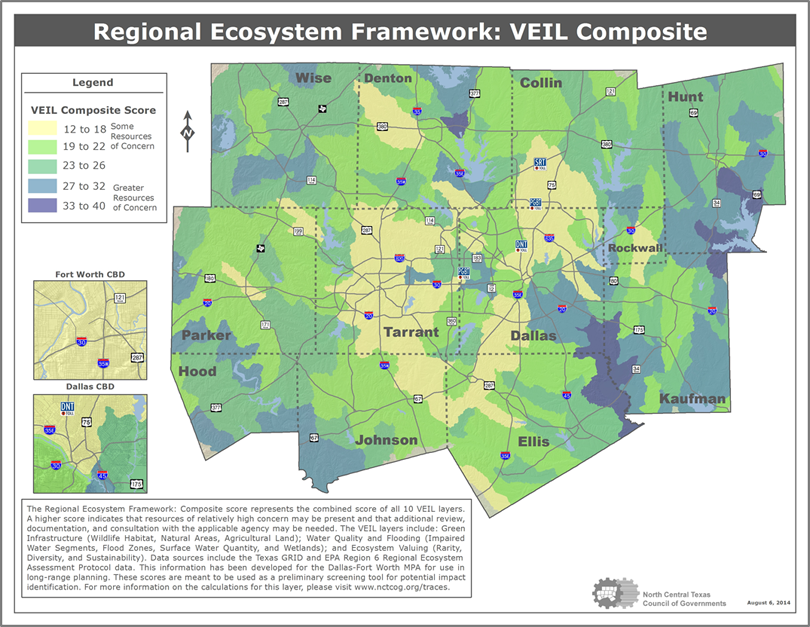 map of NCTCOG's planning region labeled by county: Wise, Denton, Collin, Hunt, Parker, Tarrant, Dallas, Rockwall, Kaufman, Hood, Johnson, and Ellis. The map is related to NCTCOG's Regional Ecosystem Framework and color-coded to indicate VEIL composite scores, representing combined scores of all 10 VEIL layers.