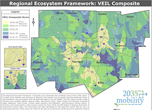 Map of the Dallas-Fort Worth area, color-coded by level of VEIL composite score