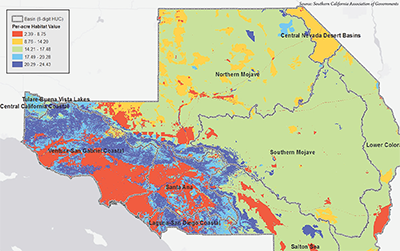 SCAG area map color-coded by level of per-acre habitat level