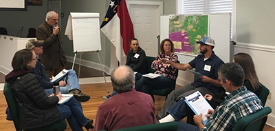 workshop attendees discussing in groups during the breakout session