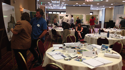 photo of peer participants examining charts and maps set up on easels around the room