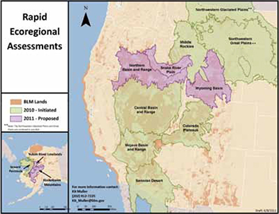 Maps of the continental United States and Alaska, color-coded to highlight the seven Rapid Ecoregional Assessments and the five proposed Rapid Ecoregional Assessments.