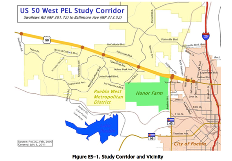 map of the US 50 West PEL Study Corridor and Vicinity showing the Pueblo West Metropolitan District, Honor Farm, and the western side of the city of Pueblo