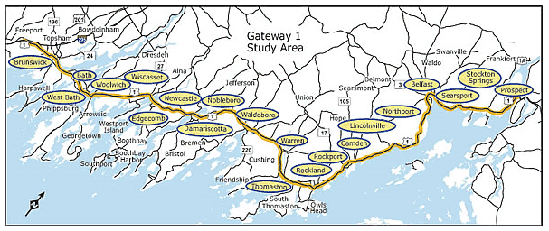Image of gateway 1 study area, a map of Maine towns.