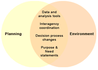 PEL logo with text:  Data and Analyses Tools, Interagency Coor., Decision Process Changes, Purpose and Need Statements.  Main categories are Planning and Environment