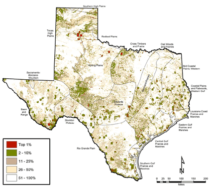 Figure 1. Composite map of diversity, rarity, and sustainability layers in the entire State of Texas