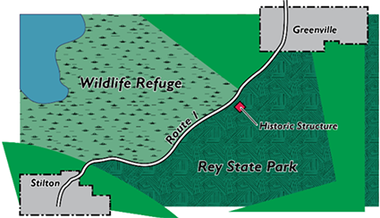 Project area map, showing wildlife refuge across Route 1 from Rey State Park