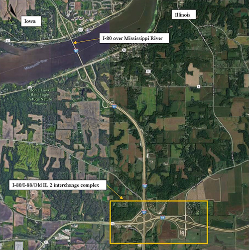 aerial photo of the I-80 bridge surrounding area, marked with highway numbers, “Iowa,” “Illinois,” “I-80 over Mississippi River,” and “I-80/I-88/Old IL 2 interchange complex”