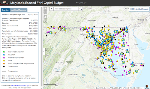 screenshot of an iMap page on Maryland.gov of Maryland’s Enacted FY19 Capital Budget