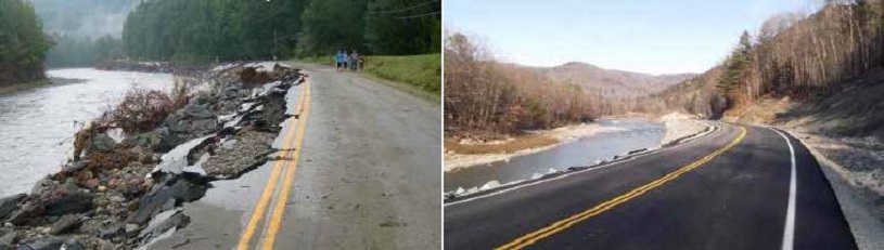 photos of a Vermont road damaged by Tropical Storm Irene before and after repair