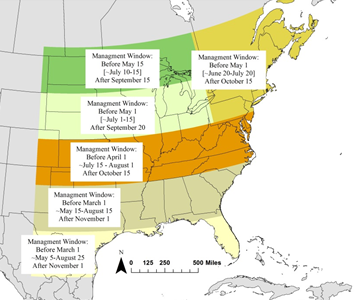 map of eastern United States showing windows when mowing may be safer for monarch butterflies