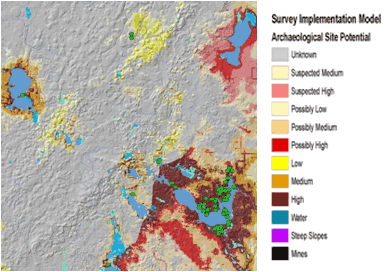Map: Survey implementation model showing high potential areas around modern lakes.