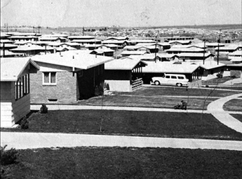 Large areas of new residential housing developed outside urban centers in the postwar era.  (Image from the 1957 Strauss Brothers, “Eastridge, A Great Place to Live” promotional booklet for subdivision in Lincoln, Nebraska.)