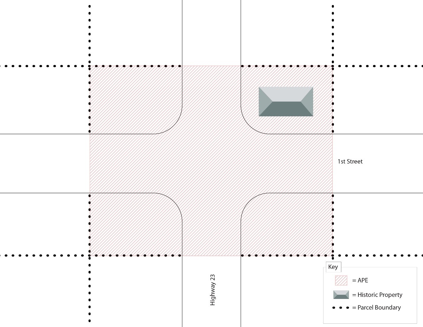 An graphic of an APE map showing one historic property in a project APE.