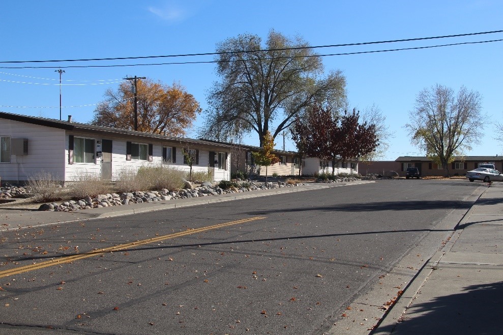 A photograph of a streetscape with single stroy houses along the street.