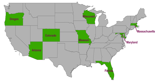 This map of the United States highlights the States where State DOTs participated in interviews for this report. Highlighted States include Oregon, Arizona, Colorado, Wisconsin, Missouri, Massachusetts, Maryland, and Florida.