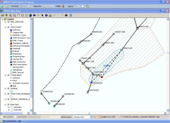 This image is a screenshot of the Maryland SHA Field Evaluation Tool. The screenshot shows a computer drawing of a best management practice area surrounded by an associated drainage area. Other lines and symbols in the image represent other stormwater structures such as emergency spillways, pipes, and endwalls.