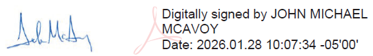Digital signature of John Michael McAvoy, P.E., Connecticut Division Administrator, Federal Highway Administration. Dated 1/28/2026.