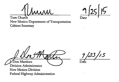 signatures of Tom Church, New Mexico Department of Transportation, Cabinet Secretary, dated 9/25/15; and J. Don Martinez, Division Administrator, New Mexico Division, Federal Highway Administration, dated 9/23/15