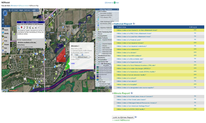 Two screenshots of EPA’s NEPAssist Web tool: a NEPAssist-produced satellite image with user-selectable viewing options and a list of reports viewable on the webtool