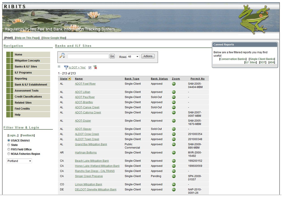 Screenshot of the bank and in lieu fee (ILF) sites search option in USACE’s RIBITS tool, which displays a bank and ILF sites table with state, name, bank type, bank status, zoom, and permit number data; and a Filter View & Login form