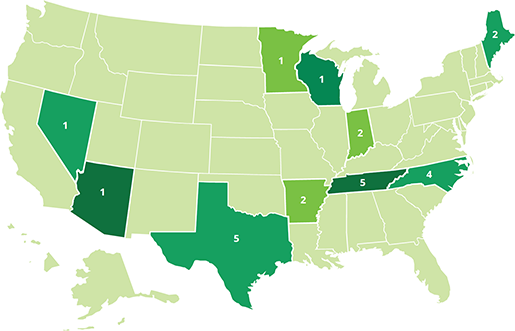 Number of IQED Workshops: Tennessee and Texas: 5 each; North Carolina: 4; Arkansas, Indiana, and Maine: 2 each; Arizona, Minnesota, Nevada, and Wisconsin: 1 each