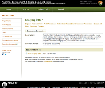 Screenshot of the Saguaro National Park project's Scoping Letter page from the National Park Service Planning, Environment and Public Comment site which allows the public to download and/or comment on the document