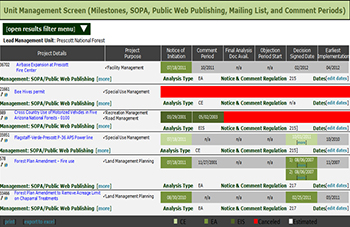 Screenshot of the Unit Management Screen from eMNEPA's tool which is displaying the following information for six projects: project details, project purpose, notice of initiation date, comment period date, final analysis doc available date, objection period start date, decision signed date, and earliest implementation date