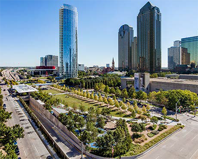 photo of Klyde Warren Park which is a green oasis in the midst of Dallas' many roadways (courtesy of Klyde Warren Park)