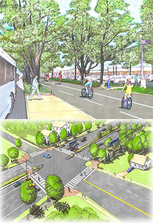 Artist renderings of a tree-lined bicycle path and of an aerial view of an intersection with visible crosswalks