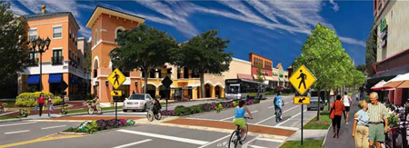 city street with wide pedestrian sidewalks, well-marked bicycle lanes and pedestrian crossings, and prominent crosswalk signs