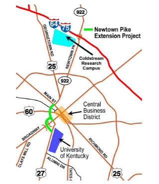 Map showing the location of the Newtown Pike Extension project