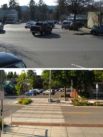 before and after photos showing a dangerous, unmarked pedestrian crossing and a well-marked pedestrian crossing