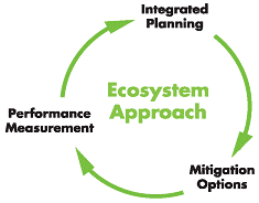 Graphic representing the method for achieving an ecosystem approach that expects agencies to work together. Three parts of the process are indicated as part of a continous motion of arrows going in a circle: Integrated Planning, Mitigation Options, and Performance Measurement.