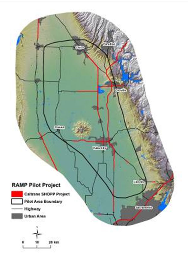 Topographical map of the North Central Sacramento Valley showing Caltrans SHOPP Projects as red lines