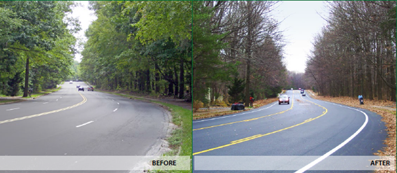 Before and after photographs of an undivided four-lane roadway and that same roadway after being converted into a three-lane undivided roadway with two through lanes and a center two-way left-turn lane